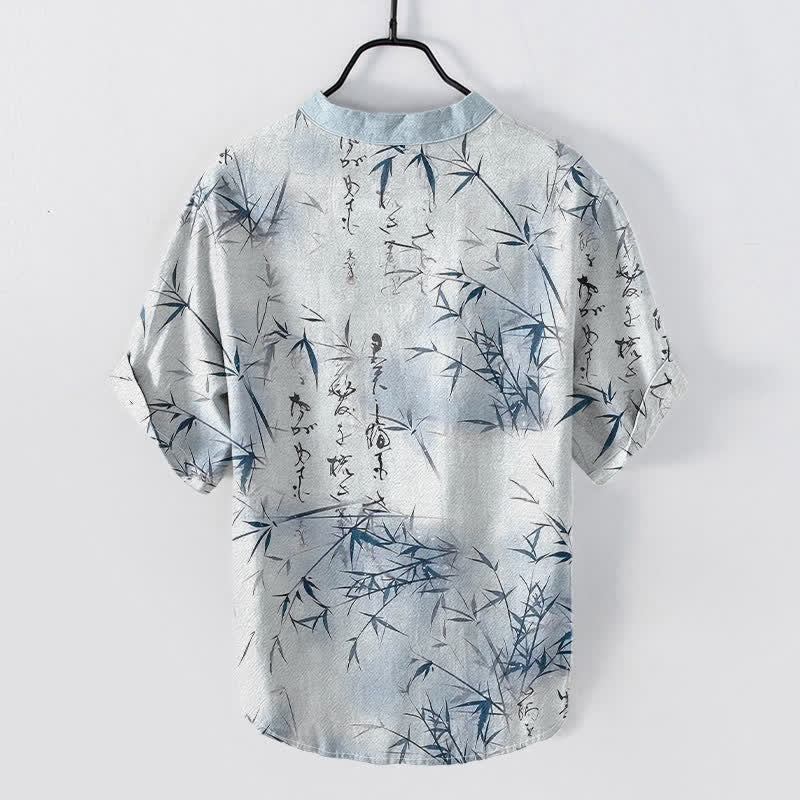 Buddha Stones Chemise à manches courtes pour homme, motif calligraphie bambou à l'encre de coton - image 4