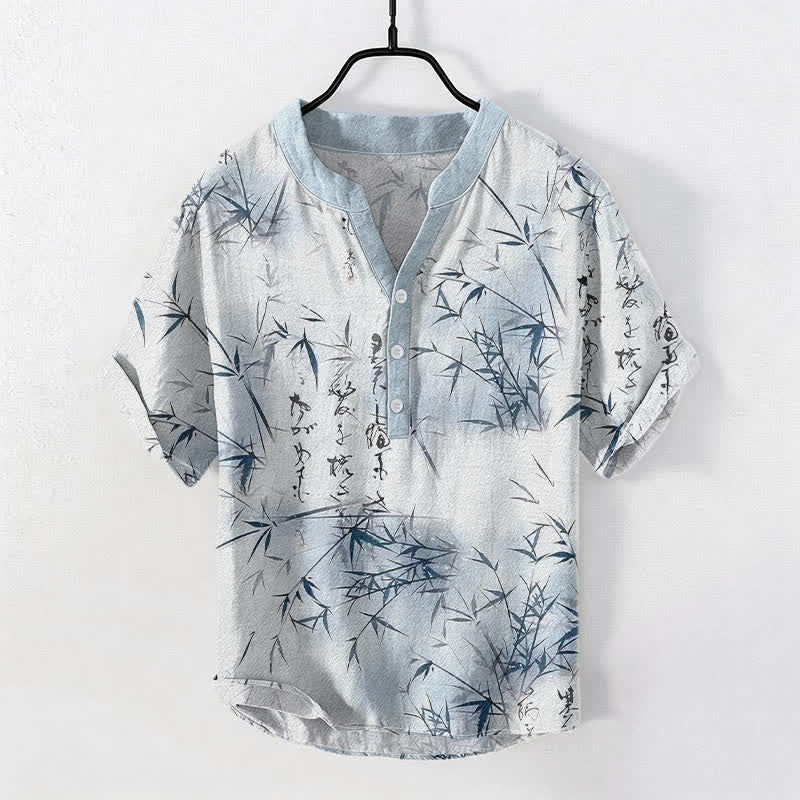 Buddha Stones Chemise à manches courtes pour homme, motif calligraphie bambou à l'encre de coton - Bleu clair - US/UK/AU50，EU60 (5XL) - image 3