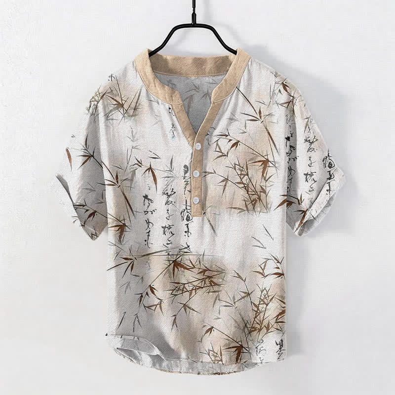 Buddha Stones Chemise à manches courtes pour homme, motif calligraphie bambou à l'encre de coton - Lin - US/UK/AU50，EU60 (5XL) - image 5