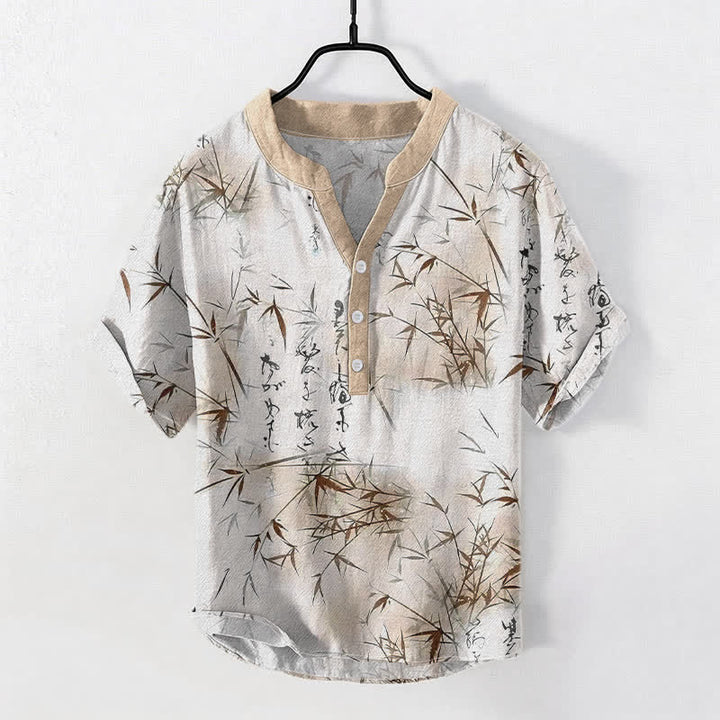 Buddha Stones Chemise à manches courtes pour homme, motif calligraphie bambou à l'encre de coton - Lin - US/UK/AU50，EU60 (5XL) - image 5