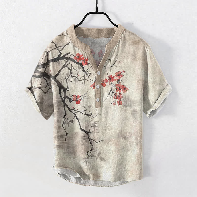 Buddha Stones Chemise homme à manches courtes et demi-boutonnages, motif branches de prunier en coton - Lin - US/UK/AU50，EU60 (5XL) - image 0