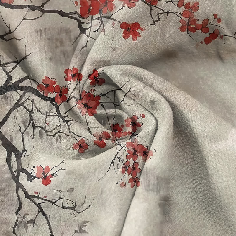 Buddha Stones Chemise homme à manches courtes et demi-boutonnages, motif branches de prunier en coton - image 2