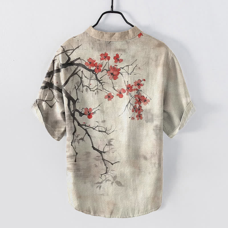 Buddha Stones Chemise homme à manches courtes et demi-boutonnages, motif branches de prunier en coton - image 1