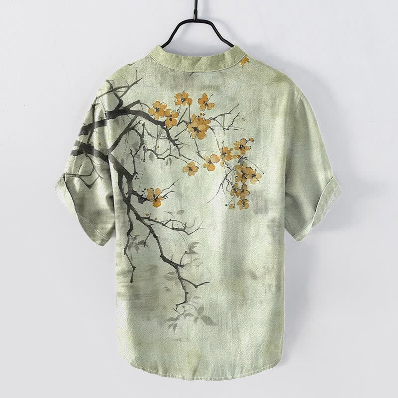 Buddha Stones Chemise homme à manches courtes et demi-boutonnages, motif branches de prunier en coton - image 4