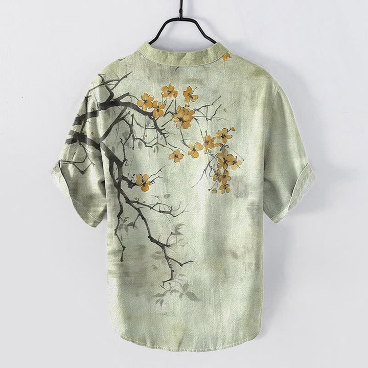 Buddha Stones Chemise homme à manches courtes et demi-boutonnages, motif branches de prunier en coton - image 4