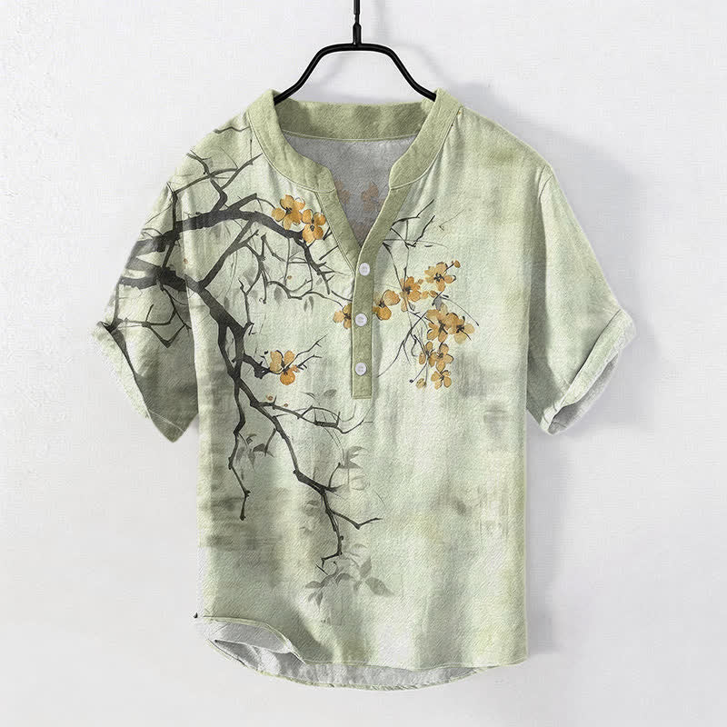 Buddha Stones Chemise homme à manches courtes et demi-boutonnages, motif branches de prunier en coton - Vert pâle - US/UK/AU50，EU60 (5XL) - image 3