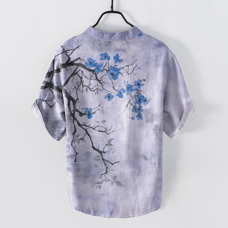 Buddha Stones Chemise homme à manches courtes et demi-boutonnages, motif branches de prunier en coton - image 6