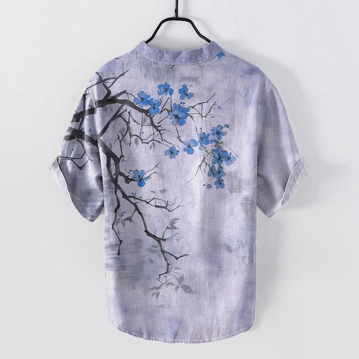 Buddha Stones Chemise homme à manches courtes et demi-boutonnages, motif branches de prunier en coton - image 6
