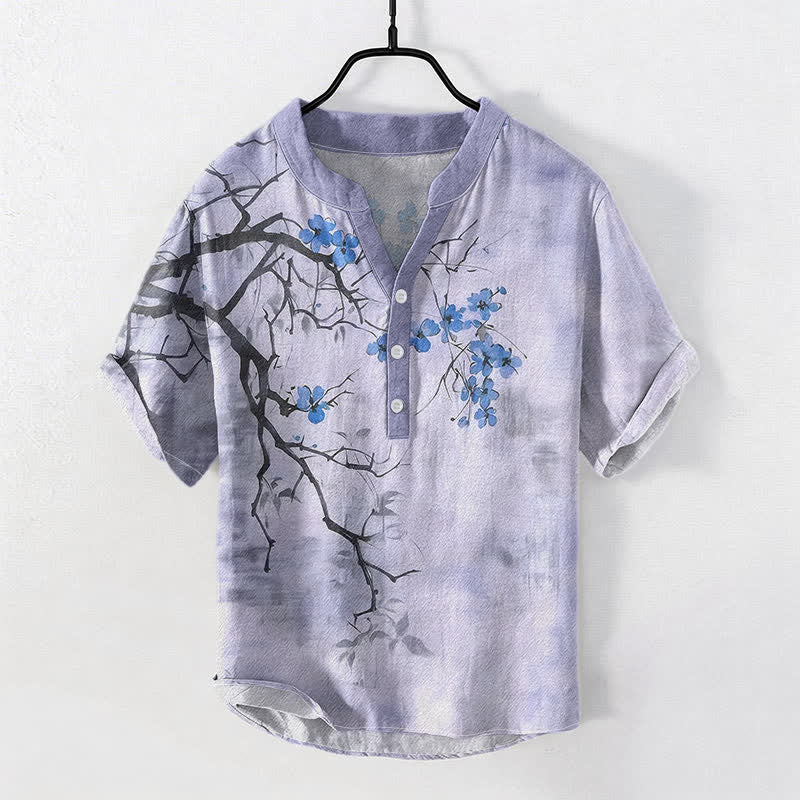 Buddha Stones Chemise homme à manches courtes et demi-boutonnages, motif branches de prunier en coton - Lavande - US/UK/AU50，EU60 (5XL) - image 5