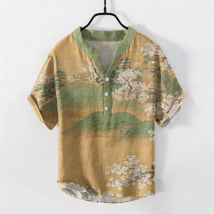 Buddha Stones Chemise à manches courtes et demi-boutonnée pour homme, motif fleurs de montagne en coton - Tanné - US/UK/AU50，EU60 (5XL) - image 0