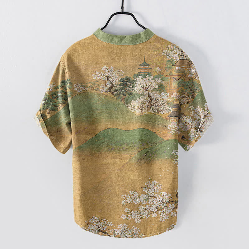 Buddha Stones Chemise à manches courtes et demi-boutonnée pour homme, motif fleurs de montagne en coton - image 1