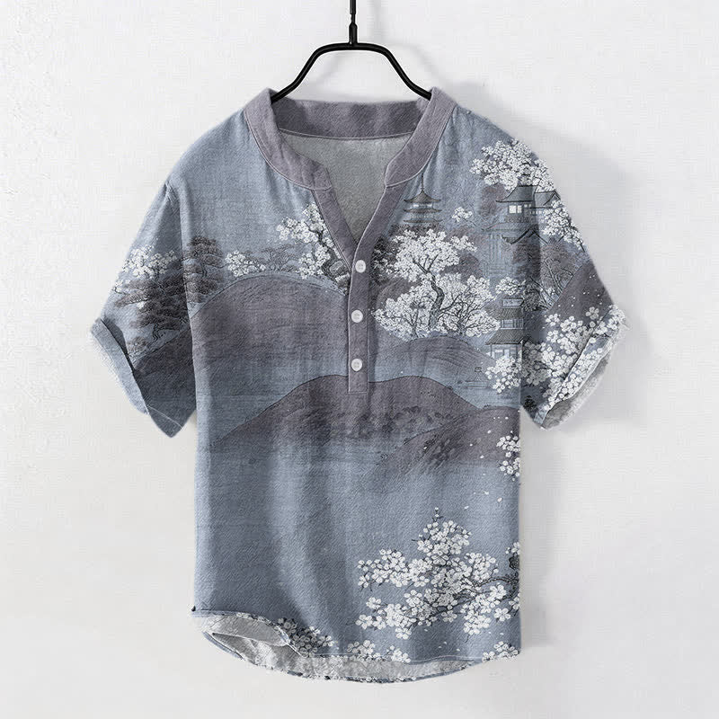 Buddha Stones Chemise à manches courtes et demi-boutonnée pour homme, motif fleurs de montagne en coton - Gris ardoise clair - US/UK/AU50，EU60 (5XL) - image 3
