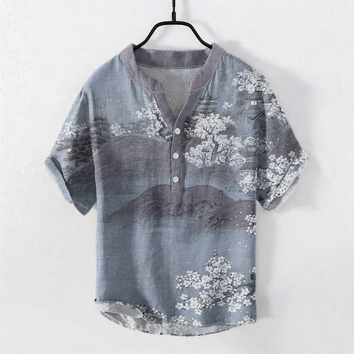 Buddha Stones Chemise à manches courtes et demi-boutonnée pour homme, motif fleurs de montagne en coton - Gris ardoise clair - US/UK/AU50，EU60 (5XL) - image 3