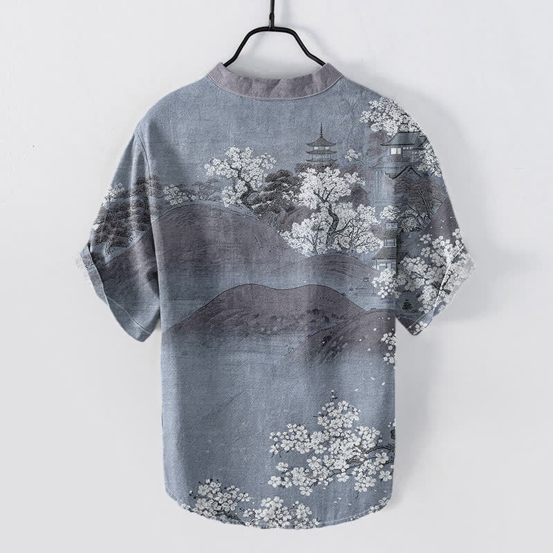 Buddha Stones Chemise à manches courtes et demi-boutonnée pour homme, motif fleurs de montagne en coton - image 4