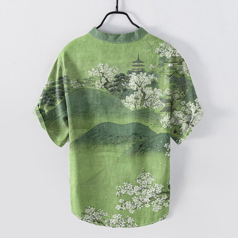 Buddha Stones Chemise à manches courtes et demi-boutonnée pour homme, motif fleurs de montagne en coton - image 6