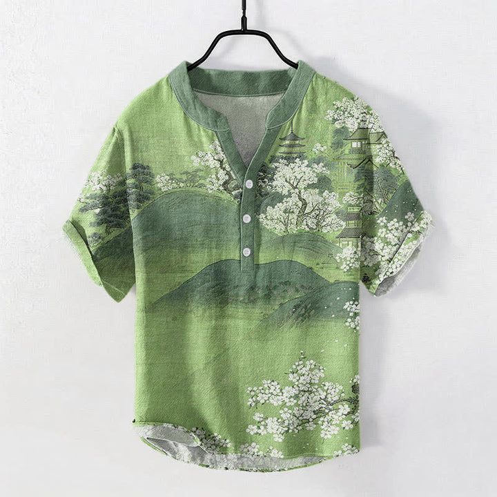 Buddha Stones Chemise à manches courtes et demi-boutonnée pour homme, motif fleurs de montagne en coton - Vert clair - US/UK/AU50，EU60 (5XL) - image 5