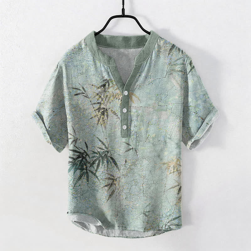 Buddha Stones Chemise à manches courtes et demi-boutonnée pour homme, motif feuille de bambou, encre de coton - Aigue-marine moyenne - US/UK/AU50，EU60 (5XL) - image 0