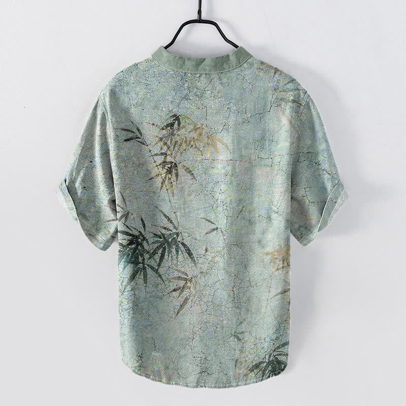 Buddha Stones Chemise à manches courtes et demi-boutonnée pour homme, motif feuille de bambou, encre de coton - image 1