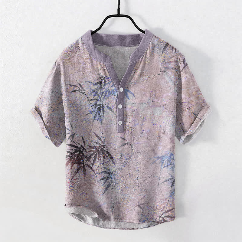 Buddha Stones Chemise à manches courtes et demi-boutonnée pour homme, motif feuille de bambou, encre de coton - Chardon - US/UK/AU50，EU60 (5XL) - image 3