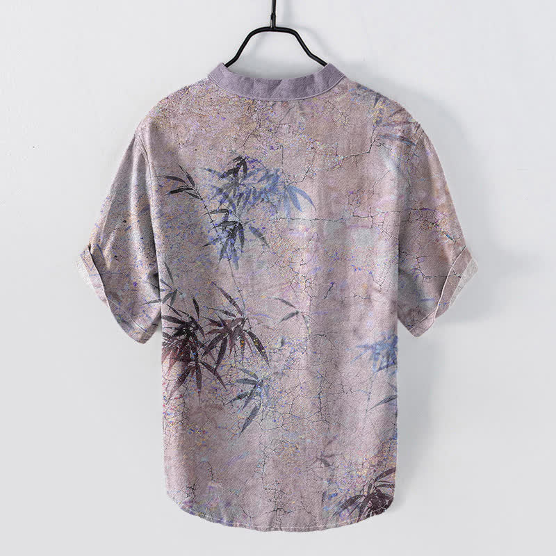 Buddha Stones Chemise à manches courtes et demi-boutonnée pour homme, motif feuille de bambou, encre de coton - image 4