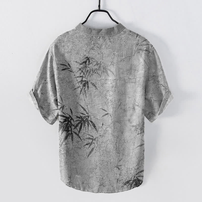 Buddha Stones Chemise à manches courtes et demi-boutonnée pour homme, motif feuille de bambou, encre de coton - image 6