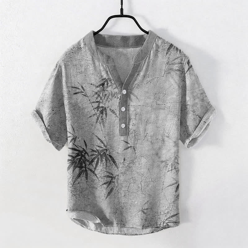 Buddha Stones Chemise à manches courtes et demi-boutonnée pour homme, motif feuille de bambou, encre de coton - Gris clair - US/UK/AU50，EU60 (5XL) - image 5
