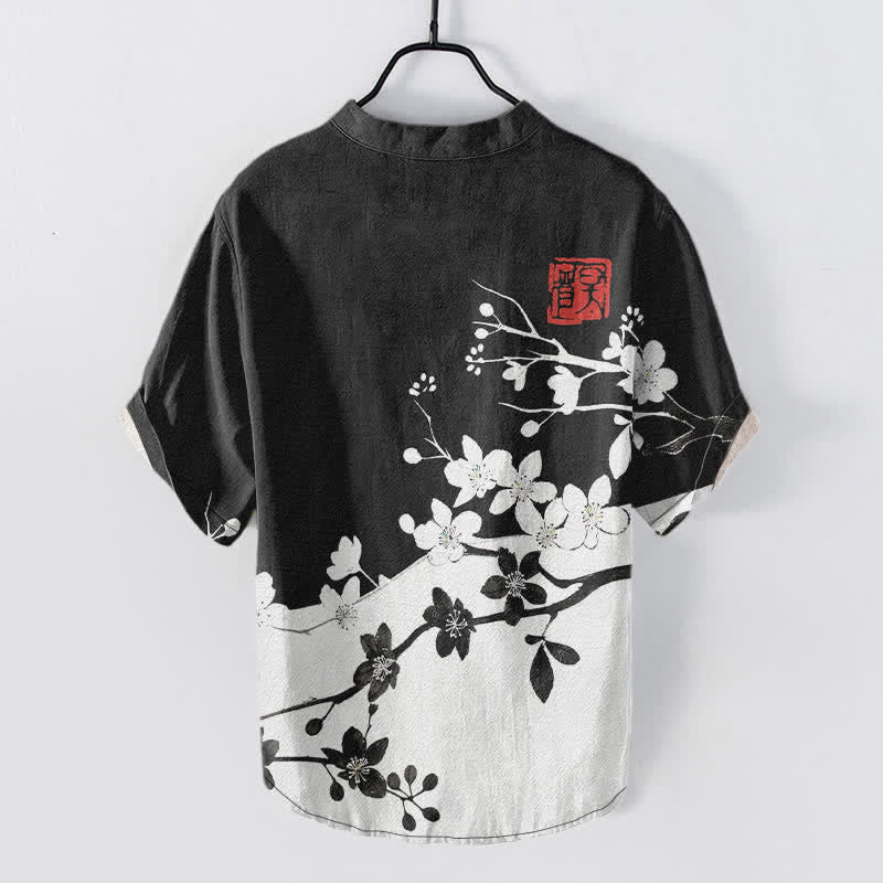 Buddha Stones Chemise homme à manches courtes et demi-boutonnages, motif branches de prunier en coton - image 1