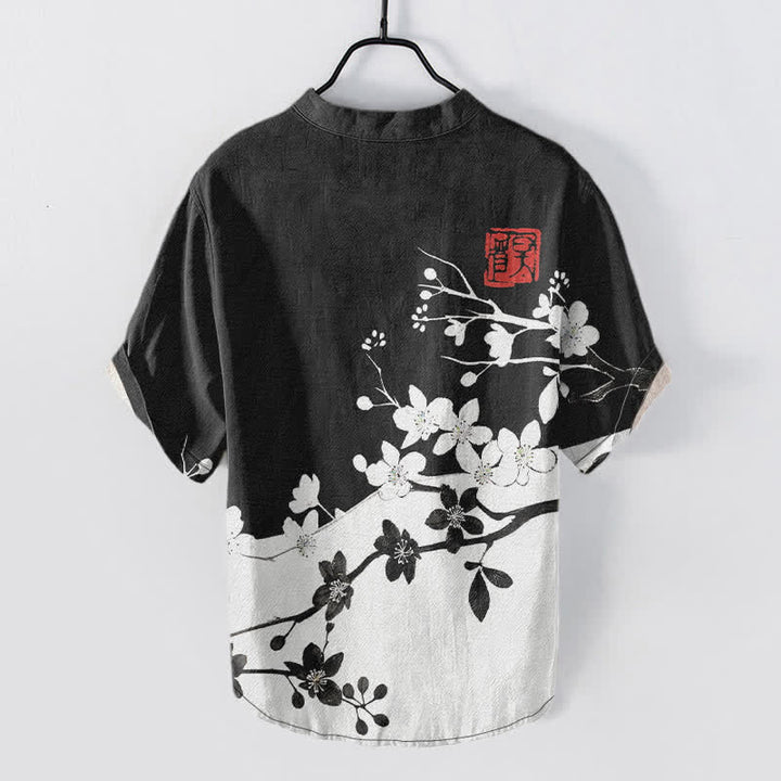 Buddha Stones Chemise homme à manches courtes et demi-boutonnages, motif branches de prunier en coton - image 1