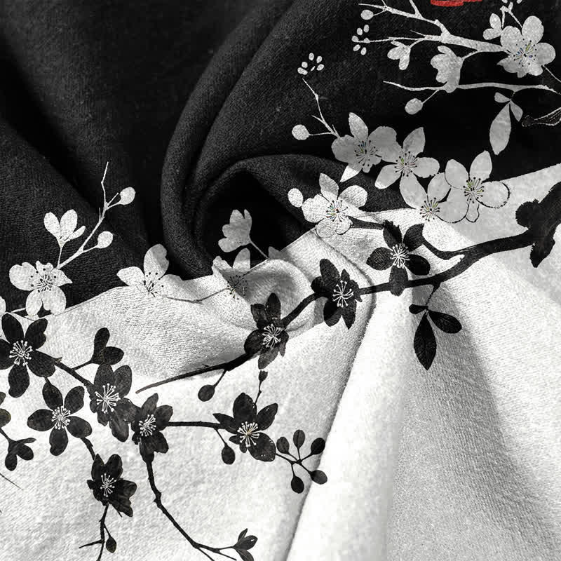 Buddha Stones Chemise homme à manches courtes et demi-boutonnages, motif branches de prunier en coton - image 4