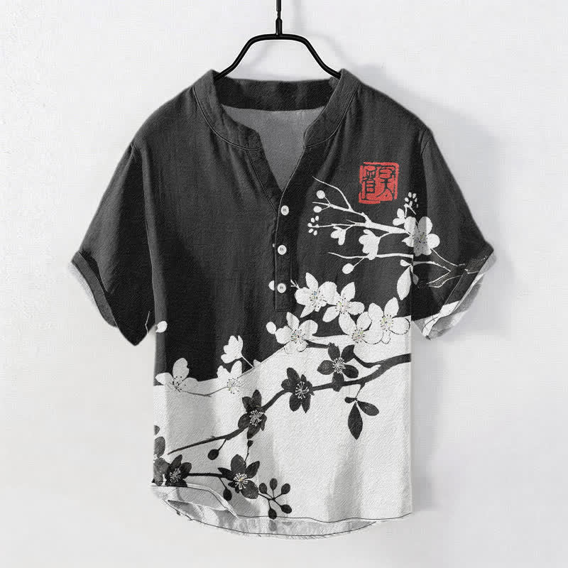 Buddha Stones Chemise homme à manches courtes et demi-boutonnages, motif branches de prunier en coton - Noir - US/UK/AU50，EU60 (5XL) - image 0