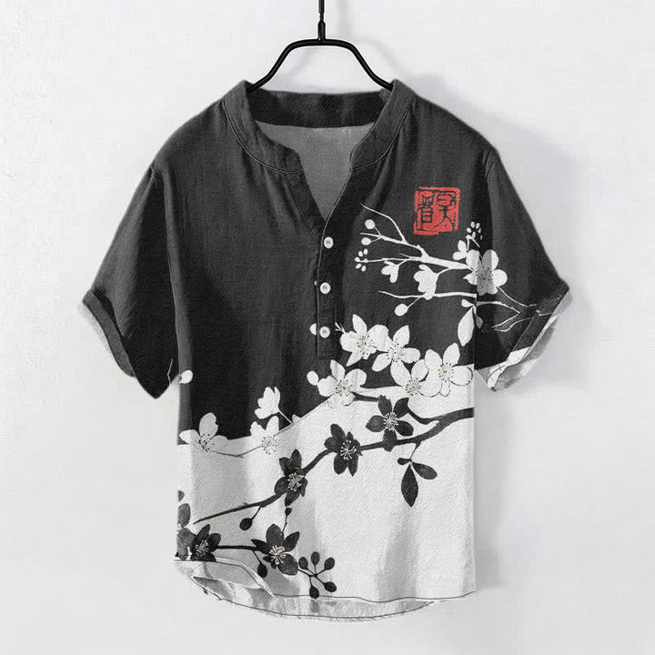 Buddha Stones Chemise homme à manches courtes et demi-boutonnages, motif branches de prunier en coton - Noir - US/UK/AU50，EU60 (5XL) - image 0