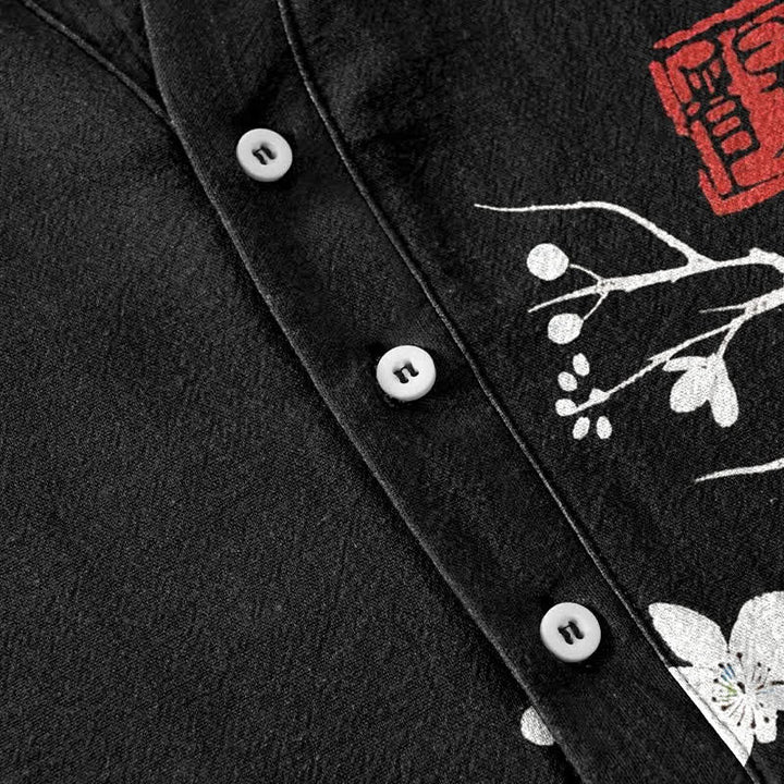 Buddha Stones Chemise homme à manches courtes et demi-boutonnages, motif branches de prunier en coton - image 3