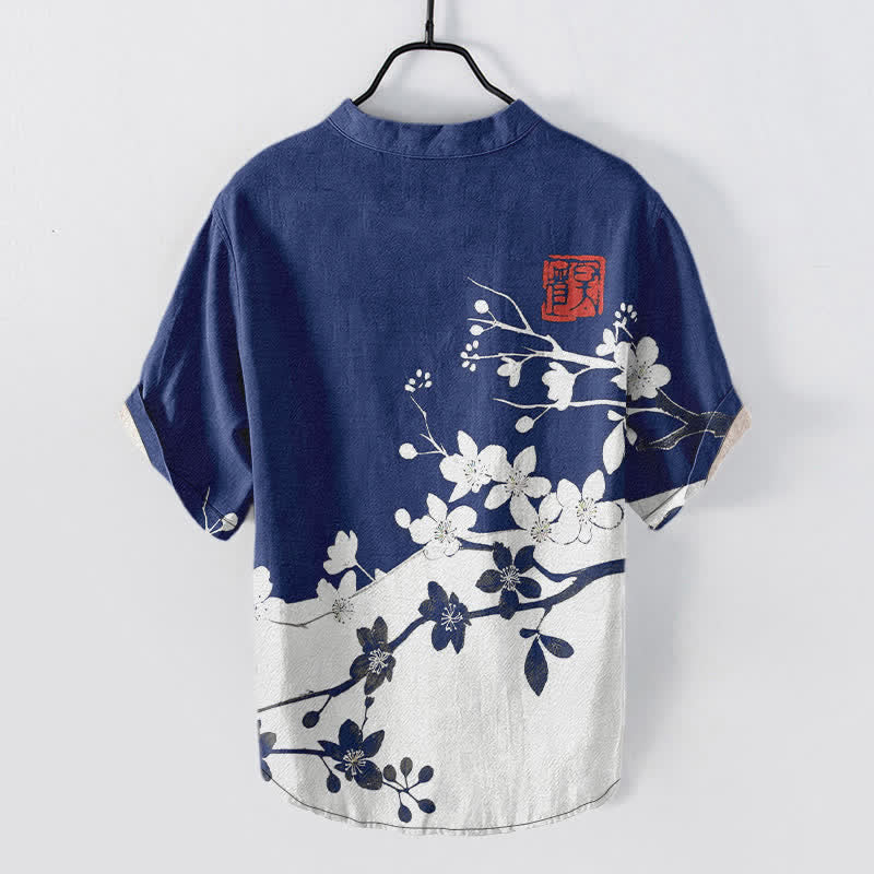 Buddha Stones Chemise homme à manches courtes et demi-boutonnages, motif branches de prunier en coton - image 6
