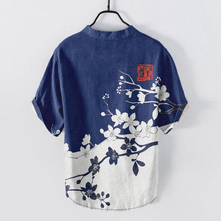 Buddha Stones Chemise homme à manches courtes et demi-boutonnages, motif branches de prunier en coton - image 6