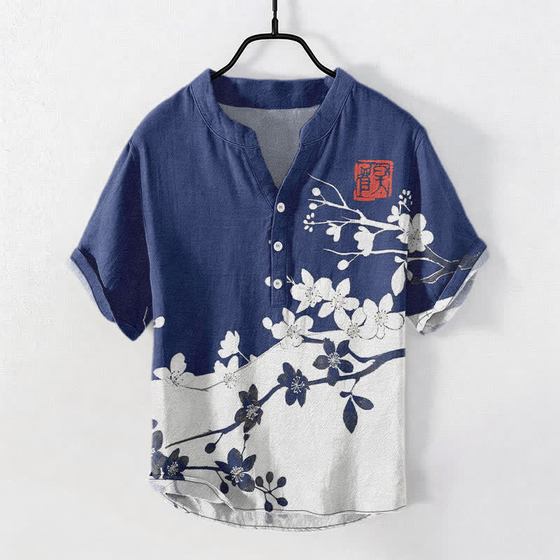 Buddha Stones Chemise homme à manches courtes et demi-boutonnages, motif branches de prunier en coton - Marine - US/UK/AU50，EU60 (5XL) - image 5