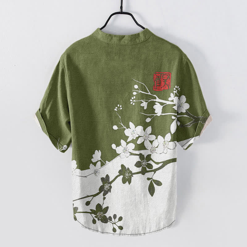 Buddha Stones Chemise homme à manches courtes et demi-boutonnages, motif branches de prunier en coton - image 8