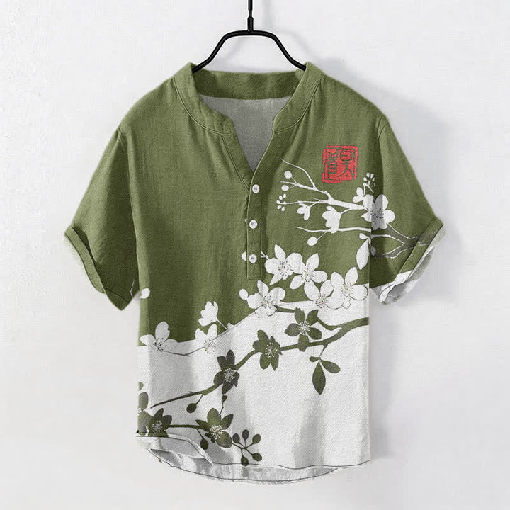 Buddha Stones Chemise homme à manches courtes et demi-boutonnages, motif branches de prunier en coton - Vert olive - US/UK/AU50，EU60 (5XL) - image 7
