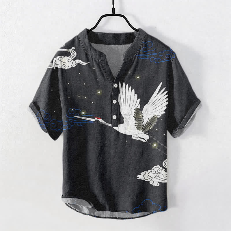 Buddha Stones Chemise homme à manches courtes et demi-boutonnée en coton à motif de grues volantes et de nuages - Noir - US/UK/AU50，EU60 (5XL) - image 0
