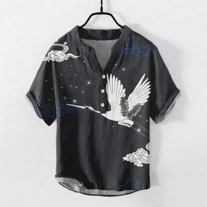 Buddha Stones Chemise homme à manches courtes et demi-boutonnée en coton à motif de grues volantes et de nuages - Noir - US/UK/AU50，EU60 (5XL) - image 0