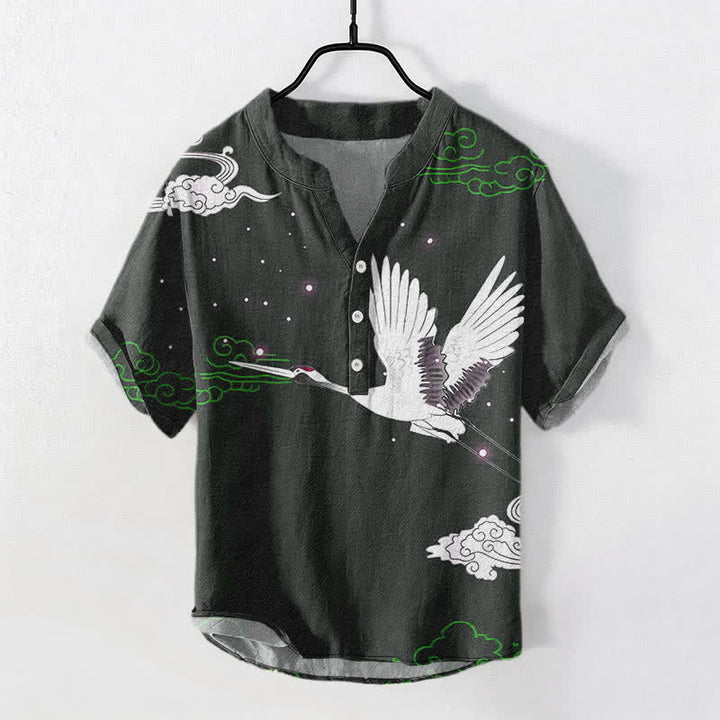 Buddha Stones Chemise homme à manches courtes et demi-boutonnée en coton à motif de grues volantes et de nuages - Gris ardoise foncé - US/UK/AU50，EU60 (5XL) - image 5