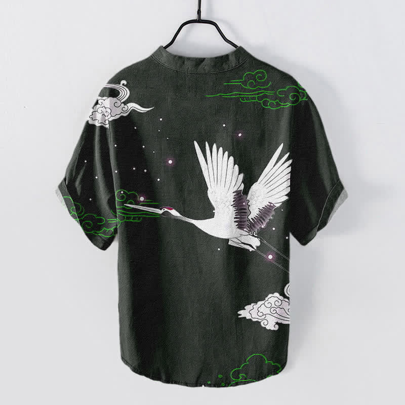 Buddha Stones Chemise homme à manches courtes et demi-boutonnée en coton à motif de grues volantes et de nuages - image 6