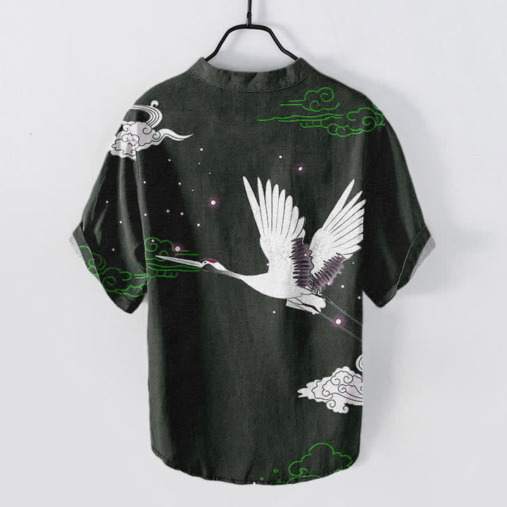 Buddha Stones Chemise homme à manches courtes et demi-boutonnée en coton à motif de grues volantes et de nuages - image 6