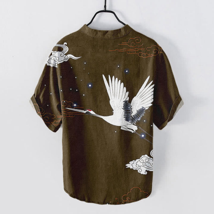 Buddha Stones Chemise homme à manches courtes et demi-boutonnée en coton à motif de grues volantes et de nuages - image 8