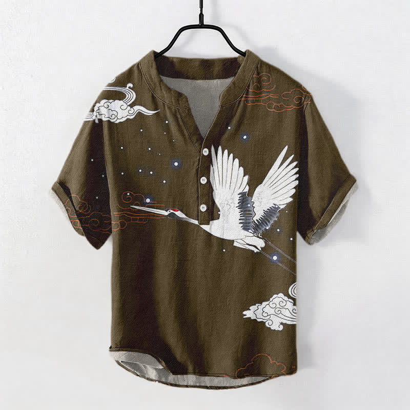 Buddha Stones Chemise homme à manches courtes et demi-boutonnée en coton à motif de grues volantes et de nuages - Terre de sienne - US/UK/AU50，EU60 (5XL) - image 7