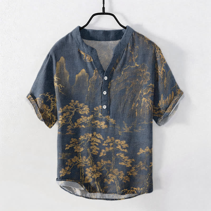 Buddha Stones Chemise à manches courtes et demi-boutonnée en coton à motif de pin doré des montagnes pour homme - verge d'or - US/UK/AU50，EU60 (5XL) - image 0