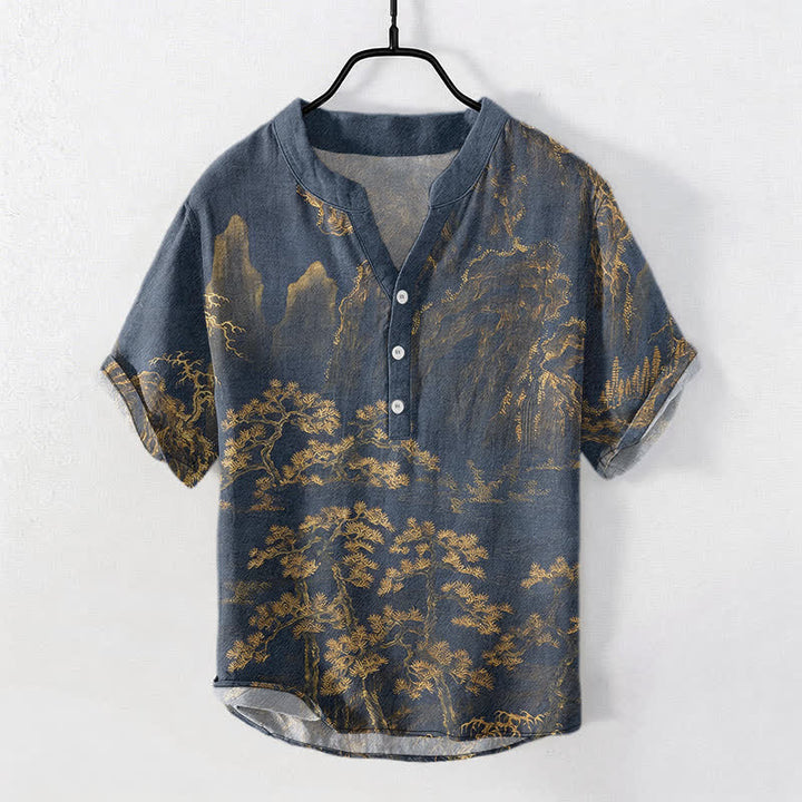Buddha Stones Chemise à manches courtes et demi-boutonnée en coton à motif de pin doré des montagnes pour homme - verge d'or - US/UK/AU50，EU60 (5XL) - image 0