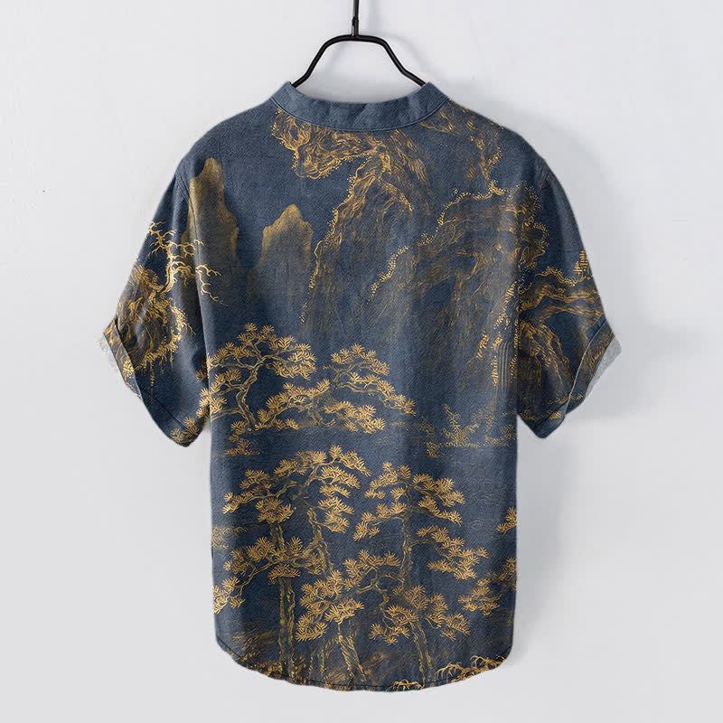 Buddha Stones Chemise à manches courtes et demi-boutonnée en coton à motif de pin doré des montagnes pour homme - image 1