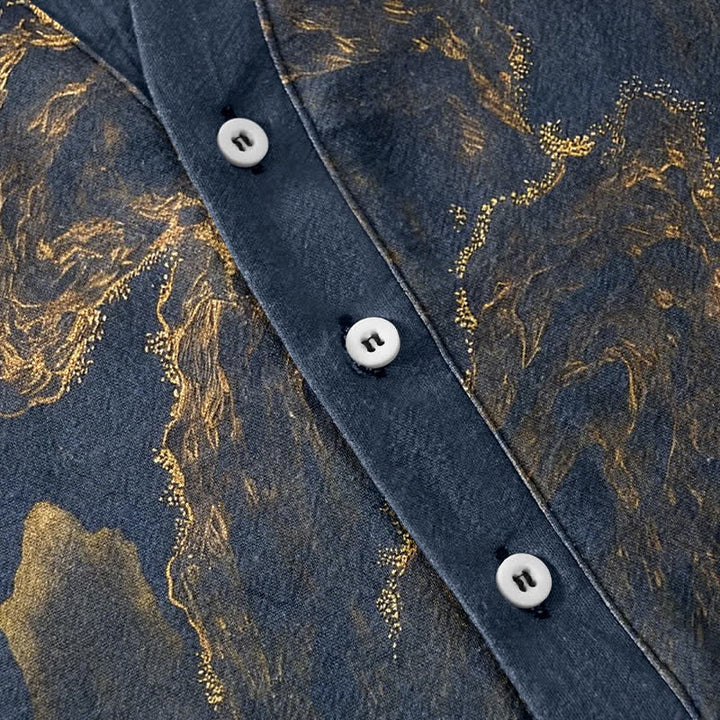 Buddha Stones Chemise à manches courtes et demi-boutonnée en coton à motif de pin doré des montagnes pour homme - image 3