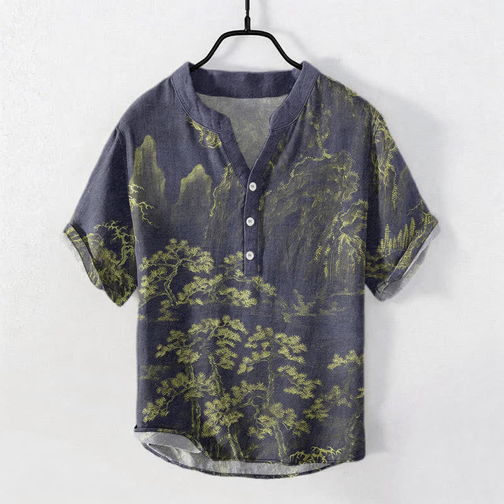Buddha Stones Chemise à manches courtes et demi-boutonnée en coton à motif de pin doré des montagnes pour homme - JauneVert - US/UK/AU50，EU60 (5XL) - image 5