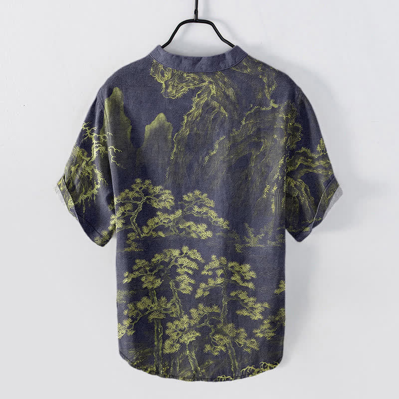 Buddha Stones Chemise à manches courtes et demi-boutonnée en coton à motif de pin doré des montagnes pour homme - image 6